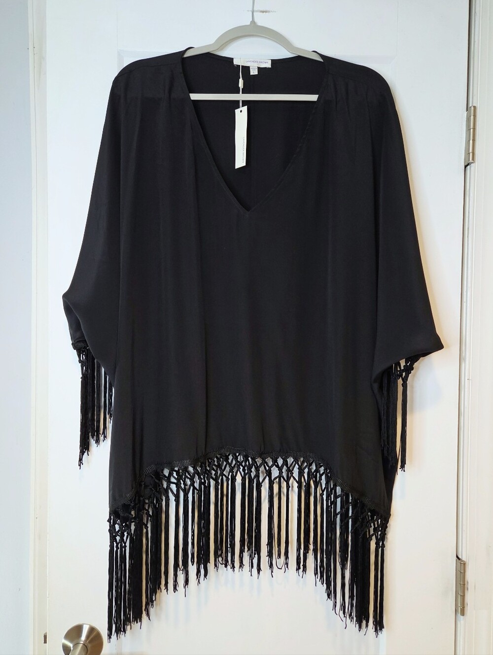Lavender Brown NWT 100% Silk Black Fringe Poncho Top Size L